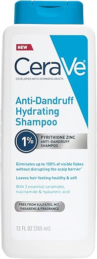 CeraVe Hydrating Anti Dandruff Shampoo, 1% Pyrithione Zinc Dandruff Treatment With Ceramides, Niacinamide & Hyaluronic Acid, Helps Eliminate Flakes & Provides Itchy Scalp Relief, Sulfate Free, 12 Oz