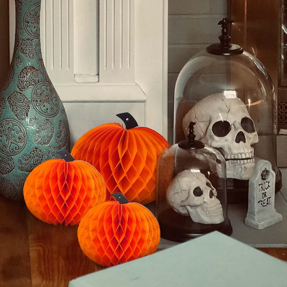3-teiliges Halloween/Herbst Dekoset – Papier-Waben-Kürbisse Mit Aufschriften „Gesegnet“ & „Dankbar“