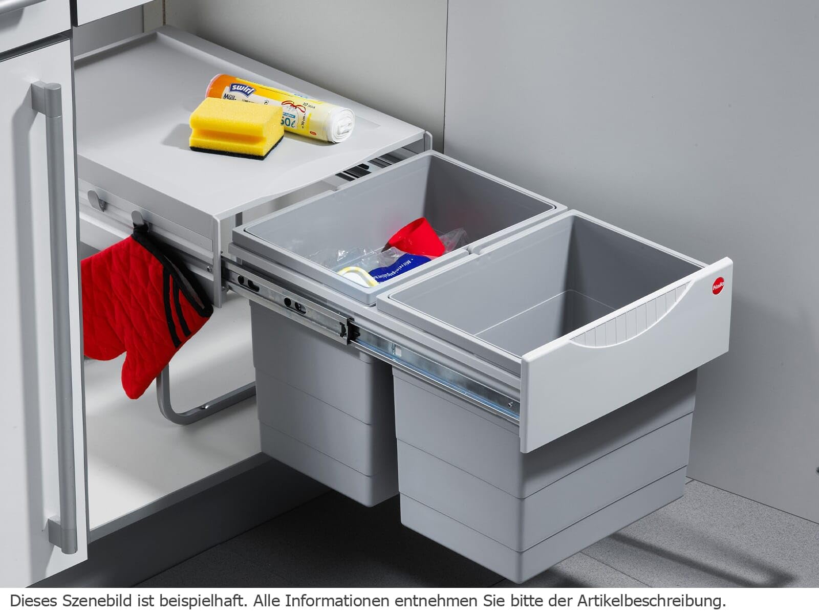 Hailo Abfallsammler 3641500 | Raumspar-Tandem 2x 18 Liter | ab 40cm Schrank mit Drehtür | 346 x 475 x 336 mm | Kunststoffteile hellgrau | 2 fach Abfalltrennsystem | einfache Bodenmontage