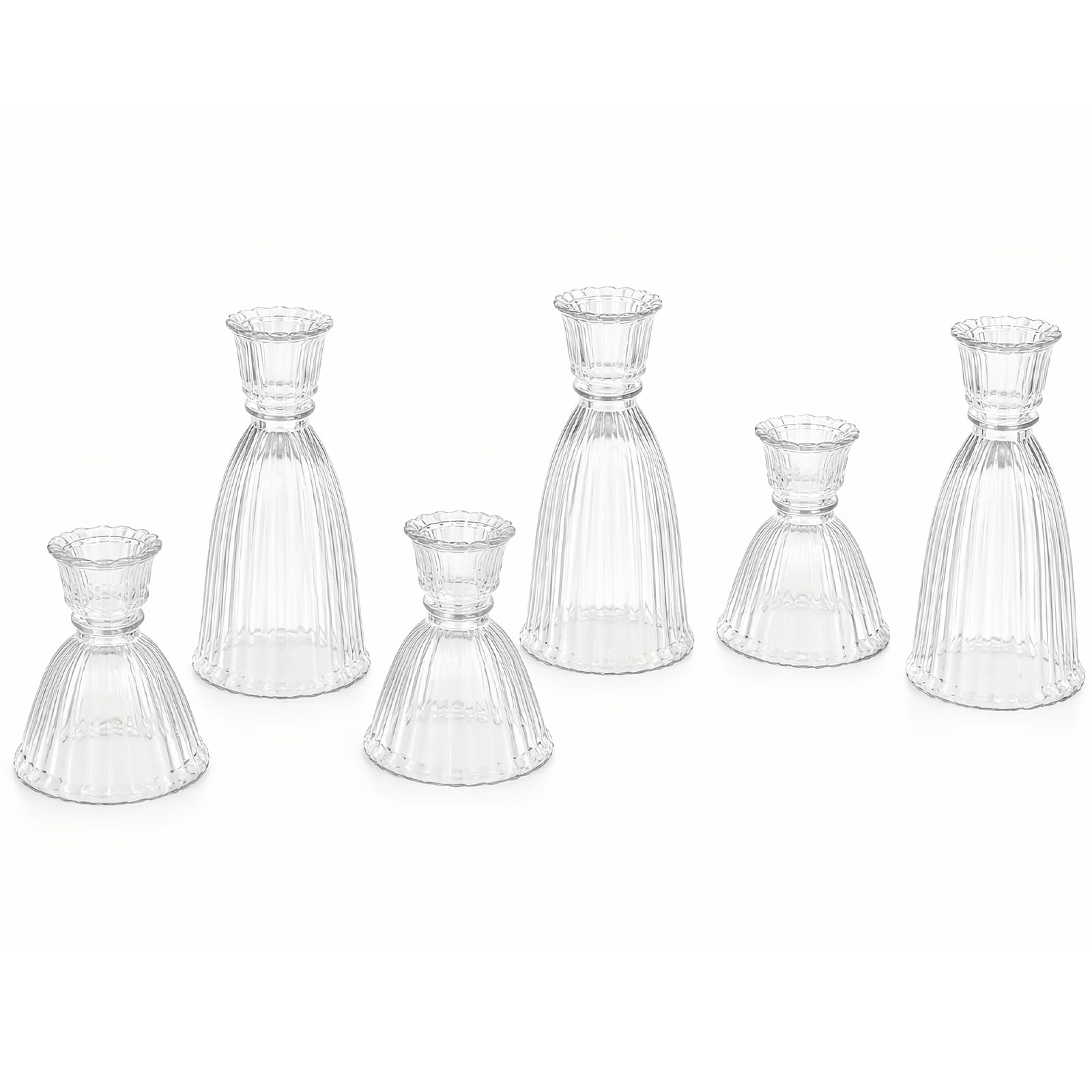 Minifactory Set of 6 Vintage Candle Holders, 15cm & 9.4cm Brass Taper Stick Holders with Heavy Glass Base - Stable Decorative Centrepieces for Wedding, Christmas Table, Dining & Home Decor (White)