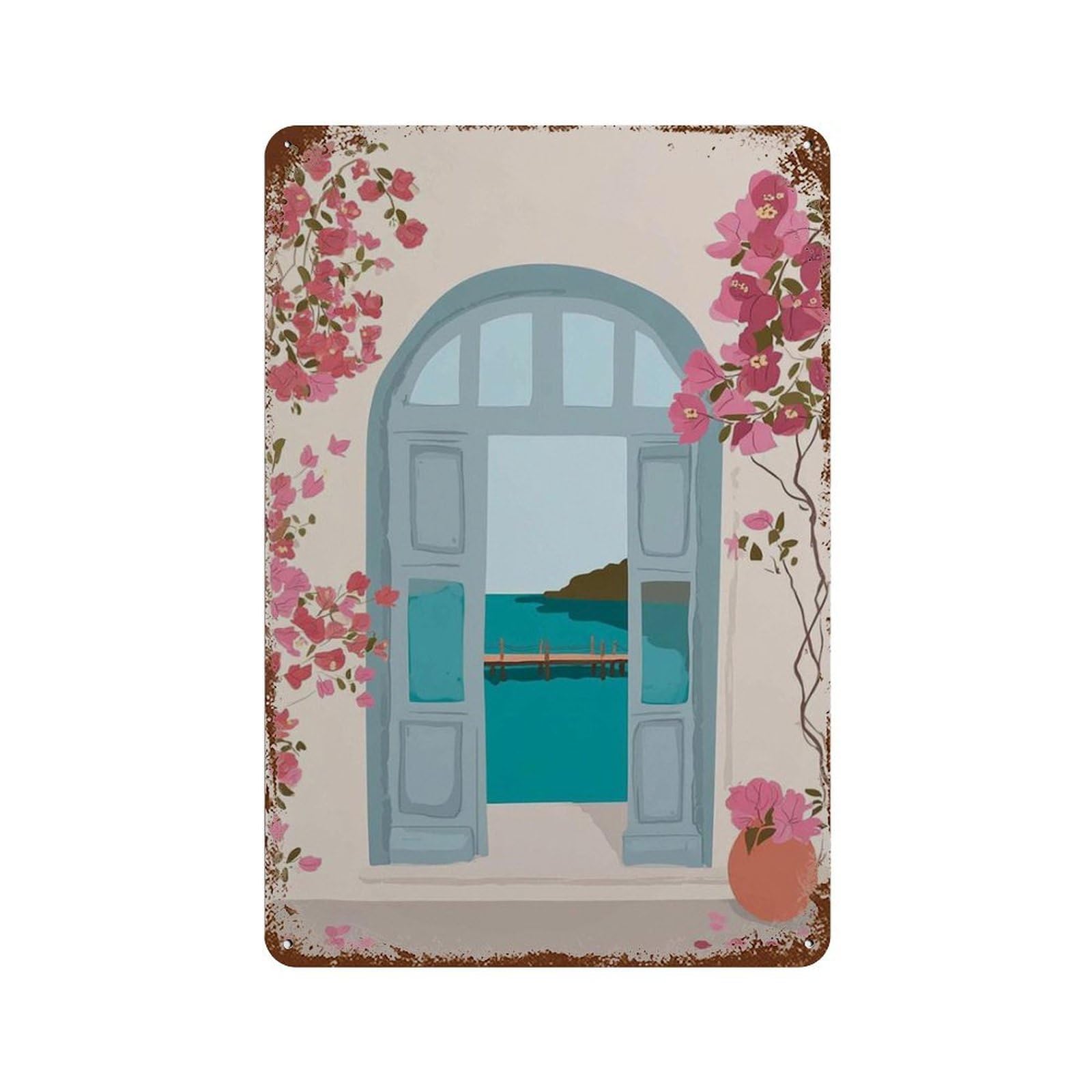 xiaoxiaoshen Mediterranean Window View Pink Bougainvillea Boho Travel Aesthetic Coastal Summe Wall Decor Art Metal Tin Poster Modern Home Decor Art Home Bar Shop Decorations Vintage Sign 30x20cm