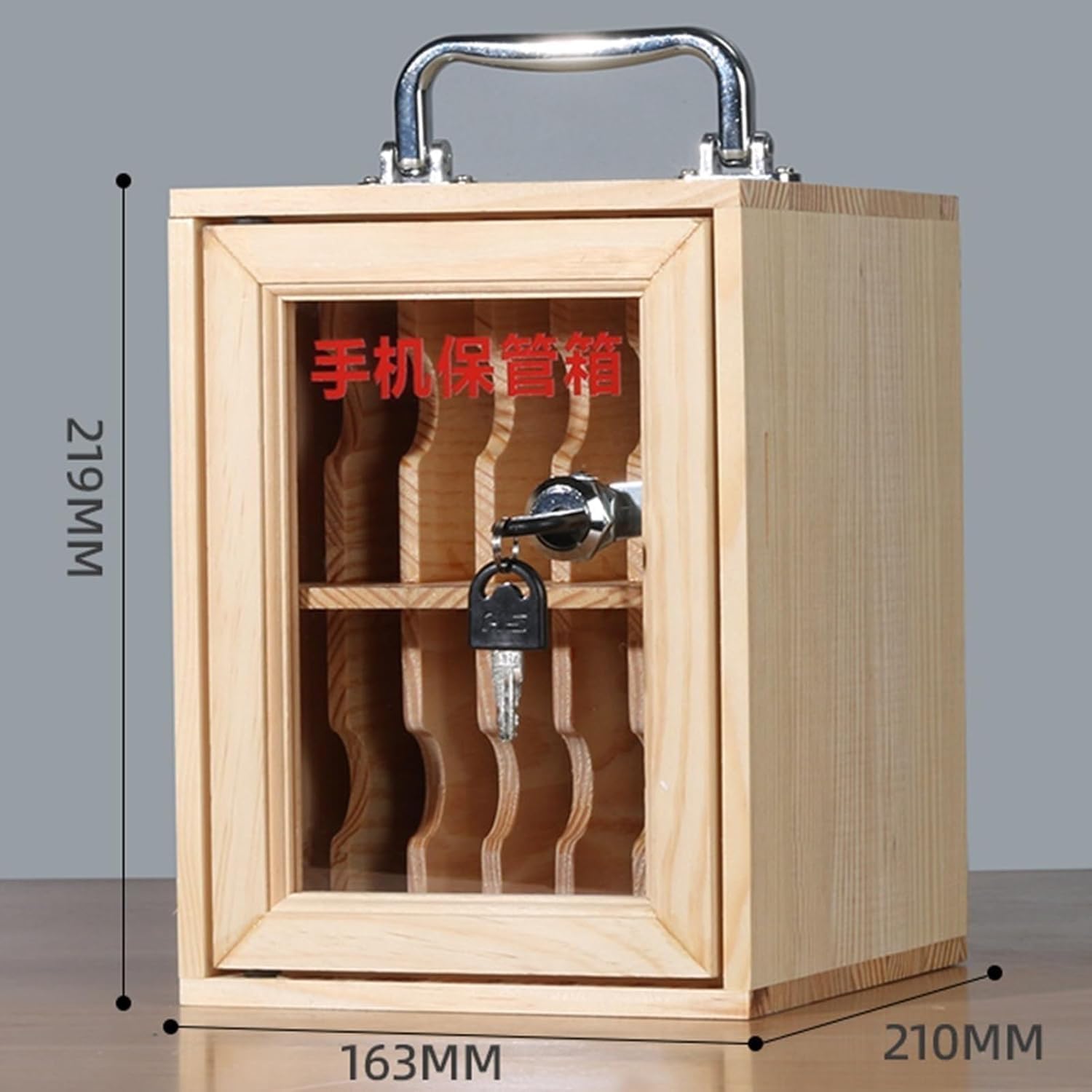 Wood Cell Phone Storage Cabinet with Portable Handle, Key Lock & Tags - Wall-Mounted Locker for Classroom, Office, Gym (Brown, Size: 12 Slots