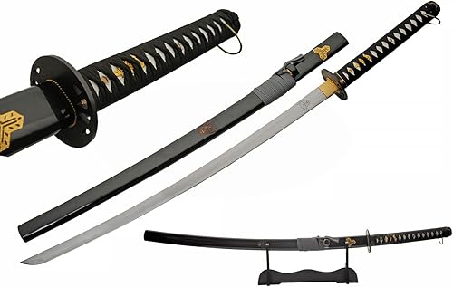 Katana Oni de acero al carbono negro de 40 "con soporte de exhibición de madera