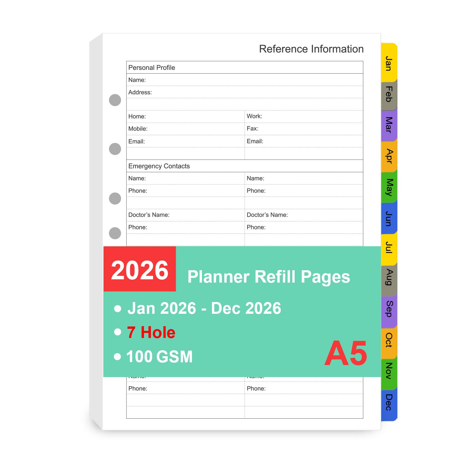 Tiankool 2026 Monthly Planner Refills for A5 7-Ring Binder,7 Holes Planner Inserts with Monthly Tabs