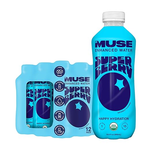 My Muse Organic Enhanced Flavored Water, Blueberry Pom Açai, 16.9oz Bottle (12 Pack), Zero Sugar Added, With Zinc, Vitamin A & E, Elderberry, Immunity Support, Low Calories, Healthy, Keto Friendly