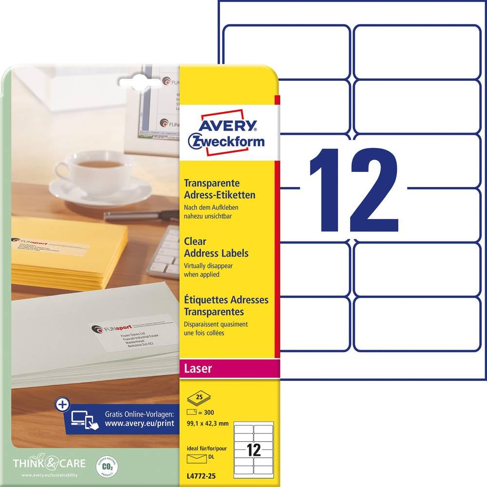 AVERY Zweckform L4772-25 Adressetiketten/Adressaufkleber(300 Etiketten, 99,1x42,3mm auf A4, bedruckbar, selbstklebend, für DIN lang Kuverts + Deutsche Post INTERNETMARKE) 25 Blatt, transparent