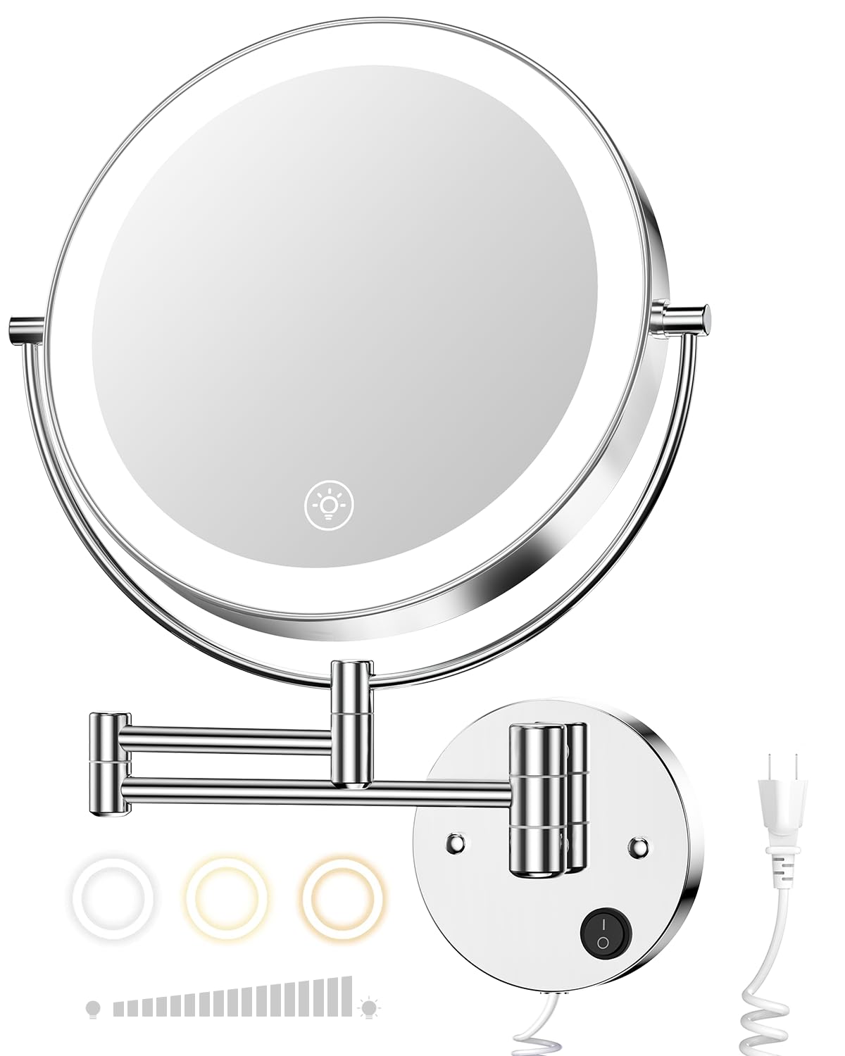 Gospire 9'' Wandmontage Schminkspiegel mit Beleuchtung mit 3 Farben & Dimmable, 1X/10X Vergrößerung LED Doppelseitiger Kosmetikspiegel, Verlängerbarer Spiegel 360° Schwenkbarer Rasierspiegel, Chrom