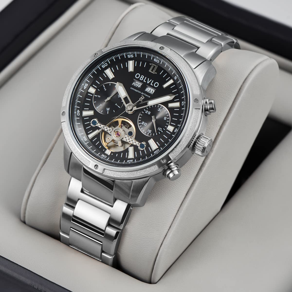 OBLVLO Herren-Automatikuhr Mechanisches Tourbillon Leuchtendes Edelstahlarmband Saphir 50M wasserdichte Kalenderwochenuhr 42mm cm-T