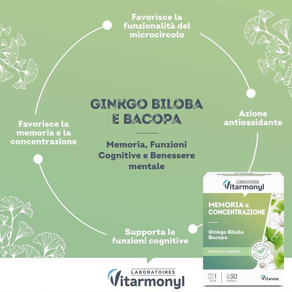 Memoria e Concentrazione - Integratore Alimentare con Ginkgo Biloba e Bacopa - Favorisce la Memoria e la Concentrazione - Benessere Mentale - Antiossidante - 30 capsule - Vitarmonyl