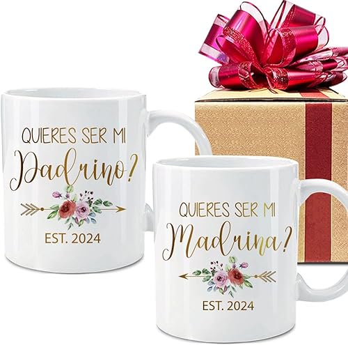 Quieres Ser Mi Madrina & Quieres Ser Mi Padrino 2024 - Juego de tazas con diseño de lámina dorada Padrinos Bautizo Recuerdos Juego Tazas, Madrina
