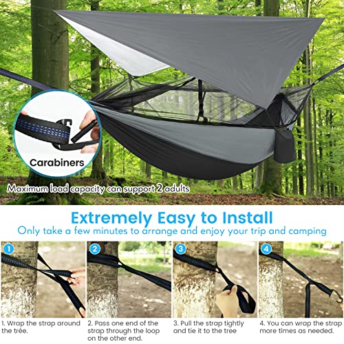 Camping Hammock 2 Person Hammocks With Net, Tent, Tree Straps Heavy Duty Waterproof Lightweight Nylon Portable Hammock For Hiking Outdoor Travel Beach Survival Backyard (Black&Grey) #TOP4