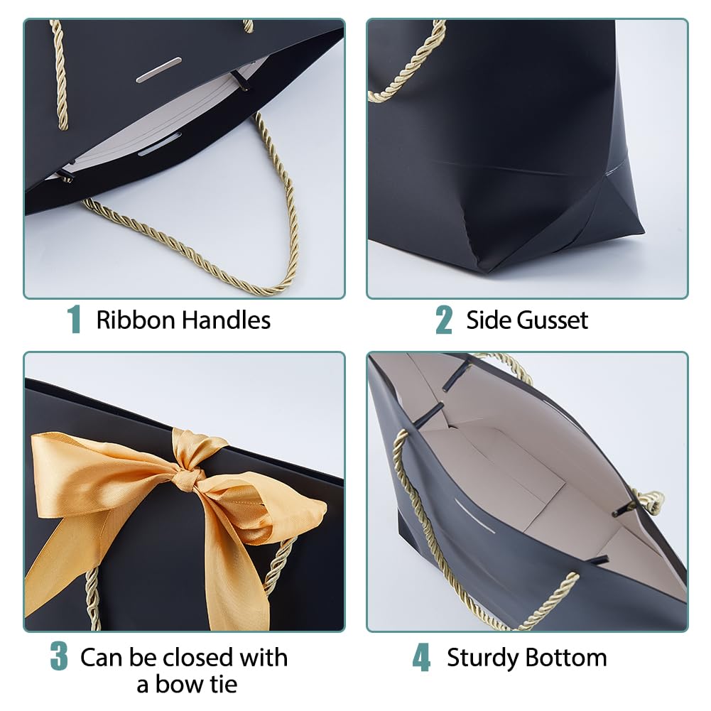SUPERFINDINGS 12 Schwarze Geschenktüten Mittlere Geschenktüten Mit Griffen Party Favor Tüten Mit Goldschleifenband Papiertüten In Großer Menge Für Party Hochzeit Geburtstag Abschlussfeier.