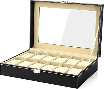 Elegant Watch Box for Women & Men, 12 Slot PU Leather Watch Storage Case with Glass Lid & Velvet Lining Lockable Clasp, Beige Interior, Luxury Watch Display Organiser