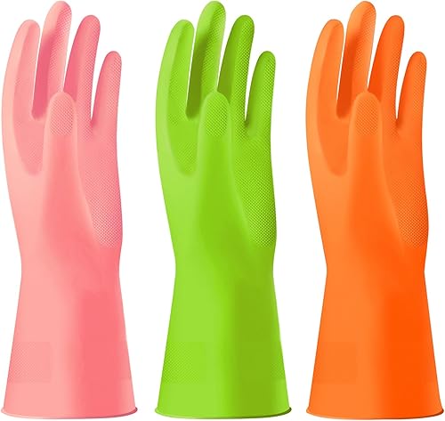Alimat PluS Guantes de goma para lavar platos de 3 colores sin forro, guantes de limpieza reutilizables sin látex, guantes de limpieza impermeables