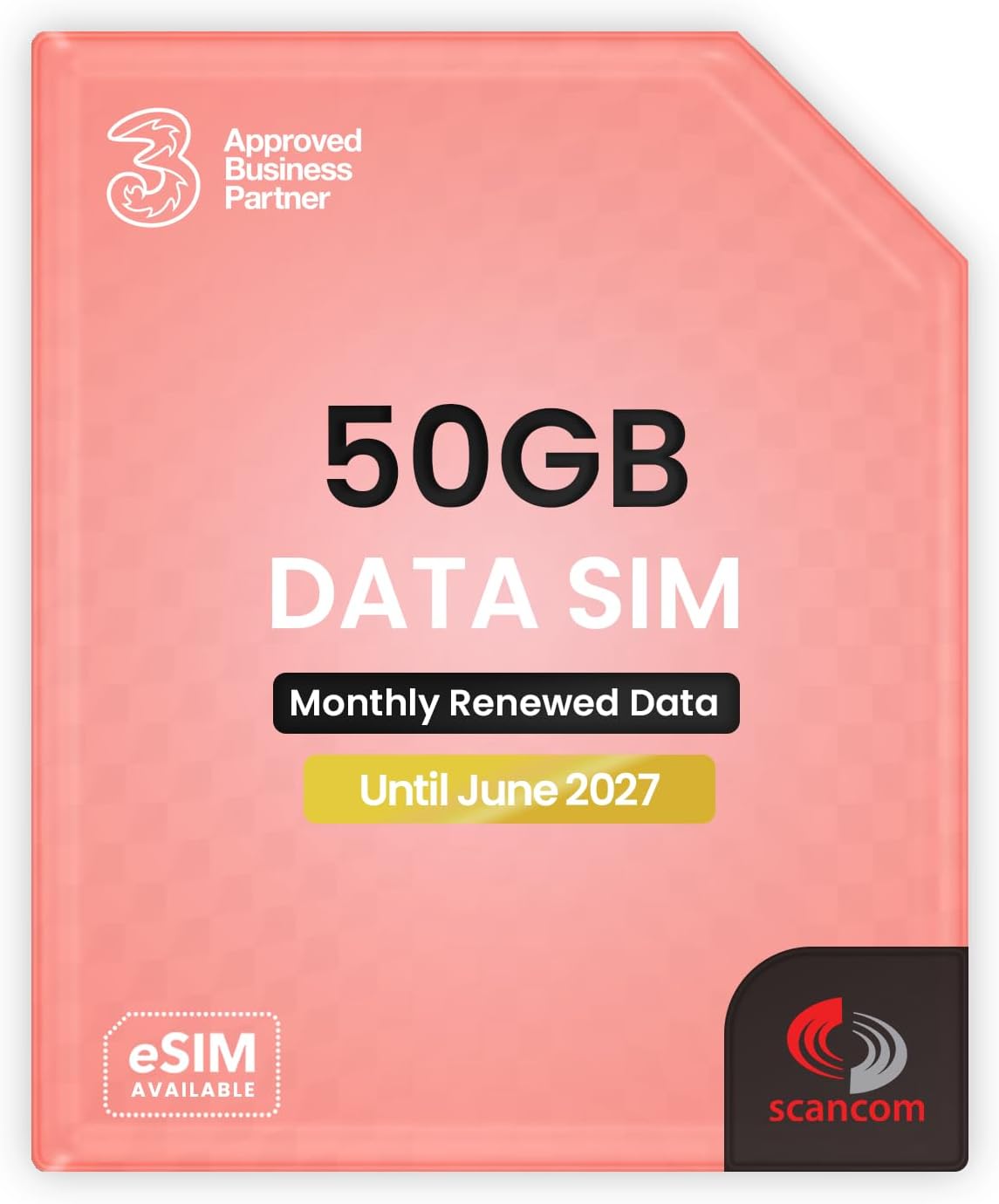 Three 50GB Data SIM Card – for Portable WiFi, Routers & Phones – Preloaded Monthly Until June 2027 – Dual Network (Three & Vodafone) Stronger Coverage