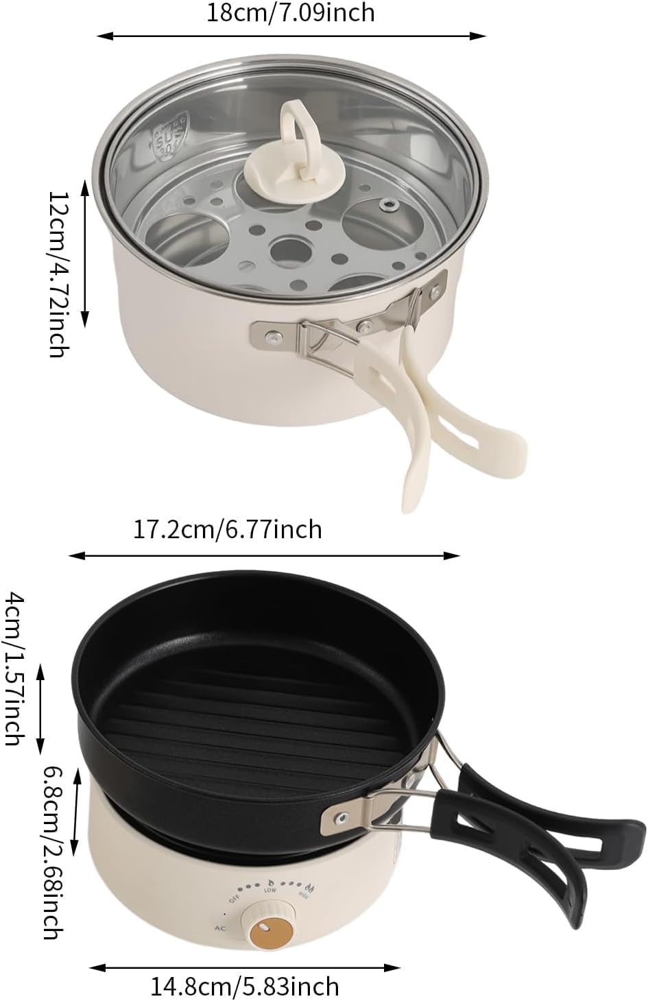 Foldable Electric Hot Pot with Frying Pan 500W, Multi-function Portable Travel Cooker with Steamer, Non-stick Separable Electric Skillet Mini Hot Pot for 1-2 People