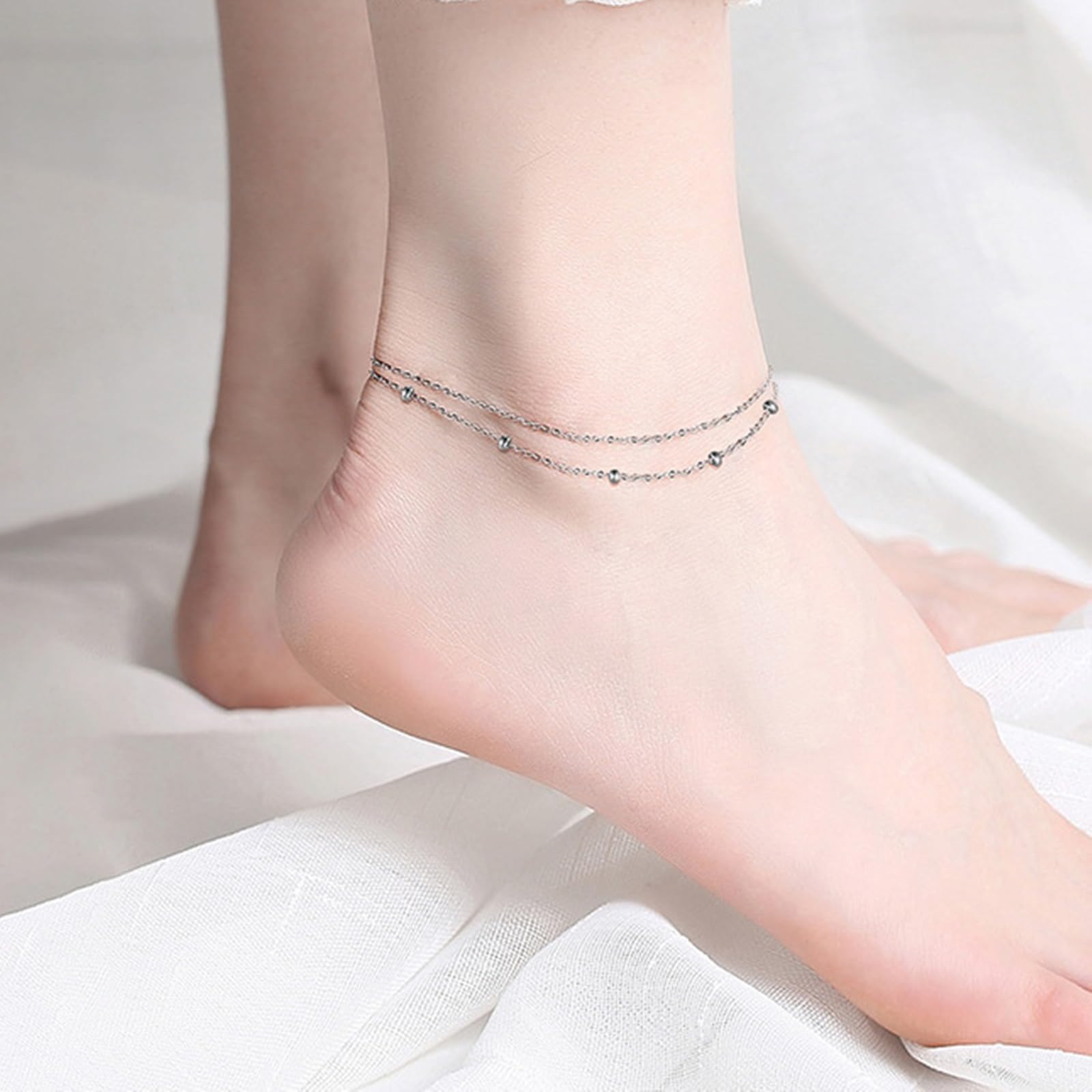 Fußkette Damen Silber 925, Fusskette Doppelt Layering Kette mit Perle Sommer Barfuß Strand Fußkettchen