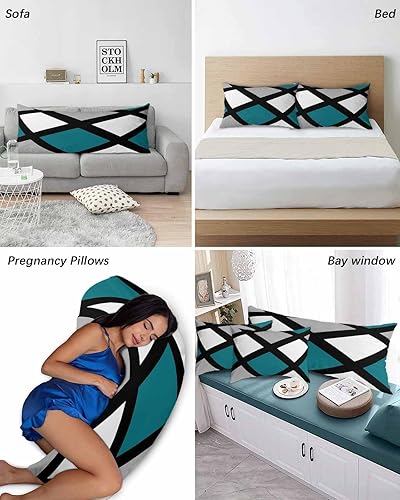 Miniatura 6 de Teal Black Gemetric Pillow Covers Queen Size Set of 2 20x30 Bed Pillow, Gray Abstract Art Middle Century Plush Soft Comfort for Hair Skin Cooling