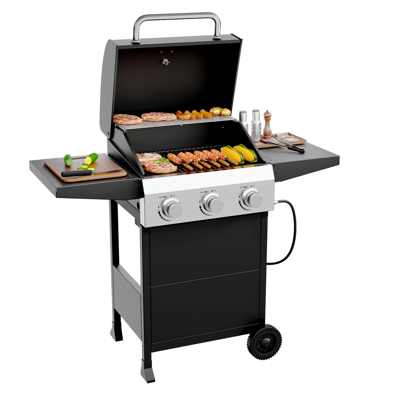 ROVSUN Gasgrill Camping mit 3 Brennern, Camping Gasgrill 10,5 kW, Grillwagen mit Deckel & 2 Seitenablagen, Gas Grill (3 Brennner, 117x40x140 cm)