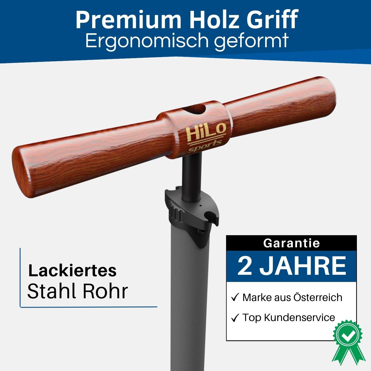 HiLo sports Fahrrad Standpumpe bis 11 bar - [Passt für alle Ventile] - Standluftpumpe mit Holz Griff - Aus lackiertem Stahl gefertigte Stand Fahrradpumpe