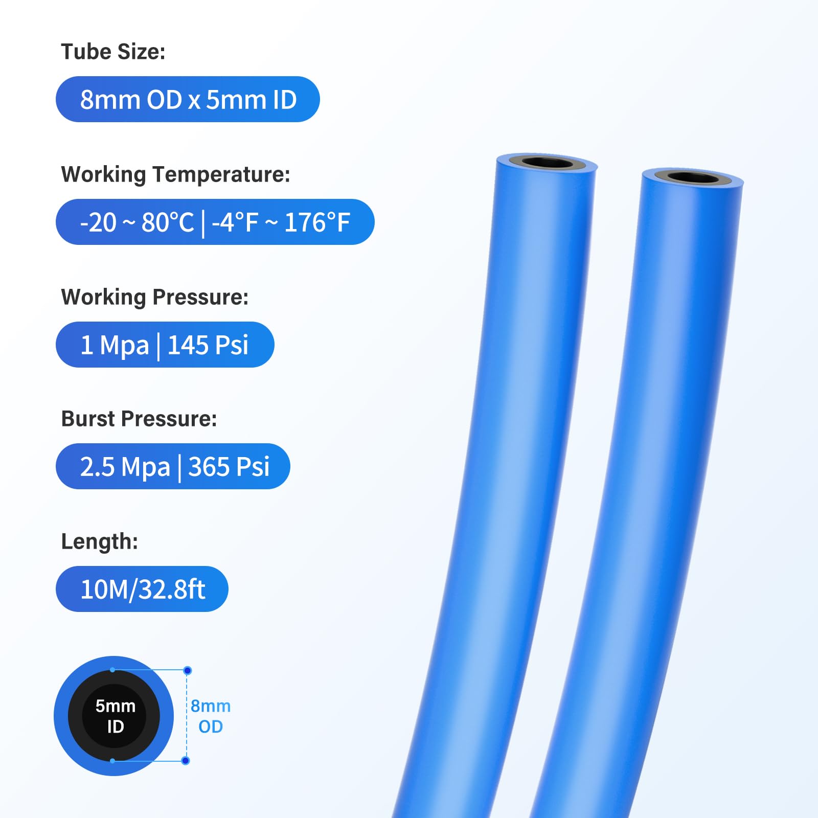 TAILONZ PNEUMATIC Blue PU Air Hose - 8mm OD 5mm ID, 10 Meter (32.8ft), High Temp Resistant, Double-Layer Tube Kit - View #5