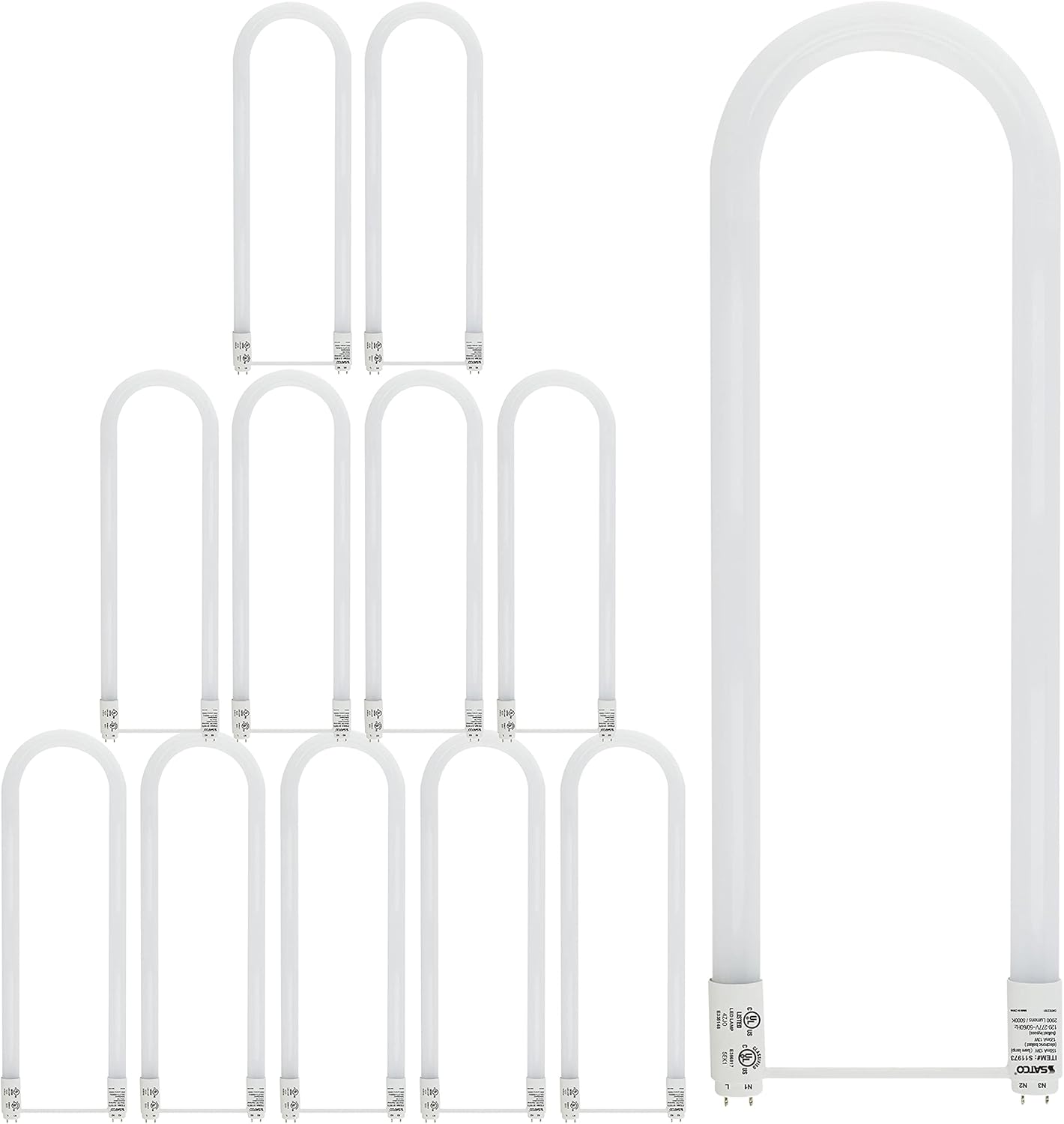 SATCO S11973 13 Watt 120-277 Volt T8 U-Bend LED Light Bulb; G13 Medium Bi-Pin Base; 2000 Lumens; 5000K; Type A/B; Ballast Dependent or Bypass; CA Compliant (12 LED Light Bulbs)