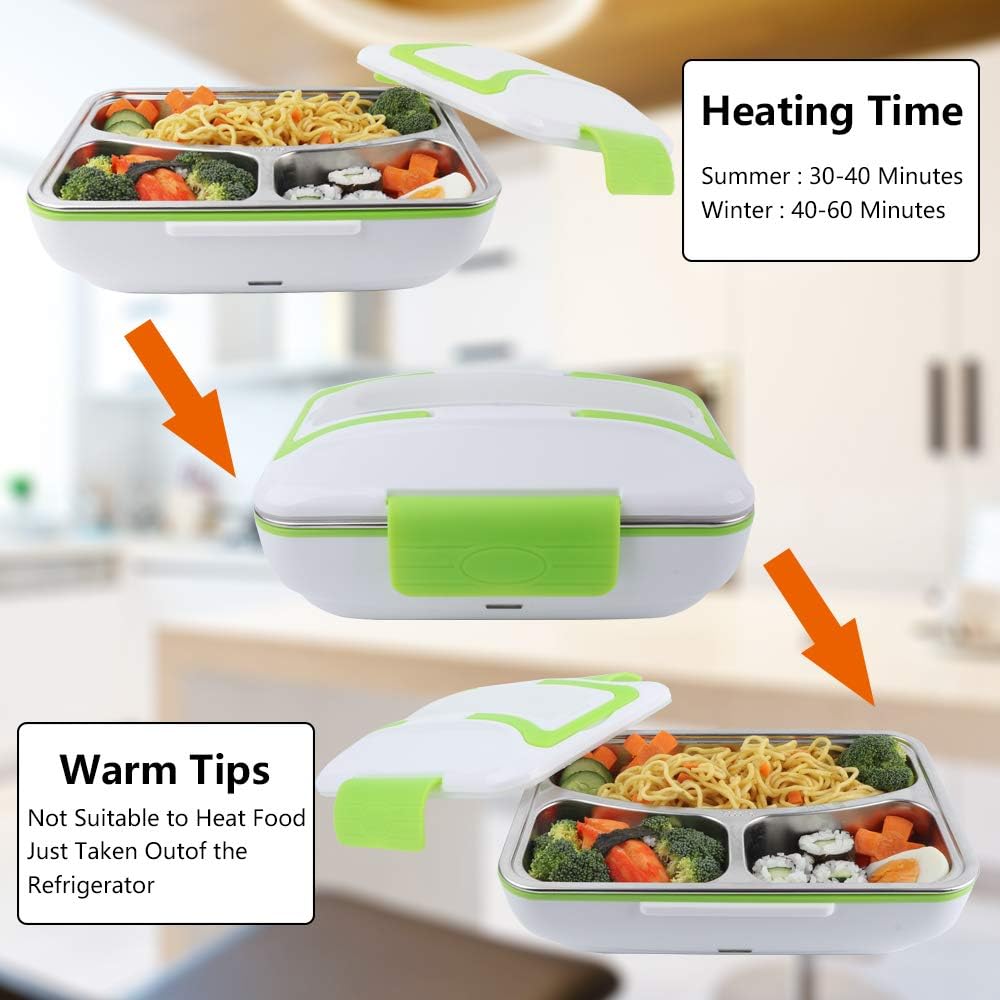 VIGIND Bento Lunch Box,Tiffin Box,Electric Heating Lunch Box,110V & 12V Portable Food Warmer for Home and Car with Removable 304 Stainless Steel Storage Container,Spoon Fork Included (Green)