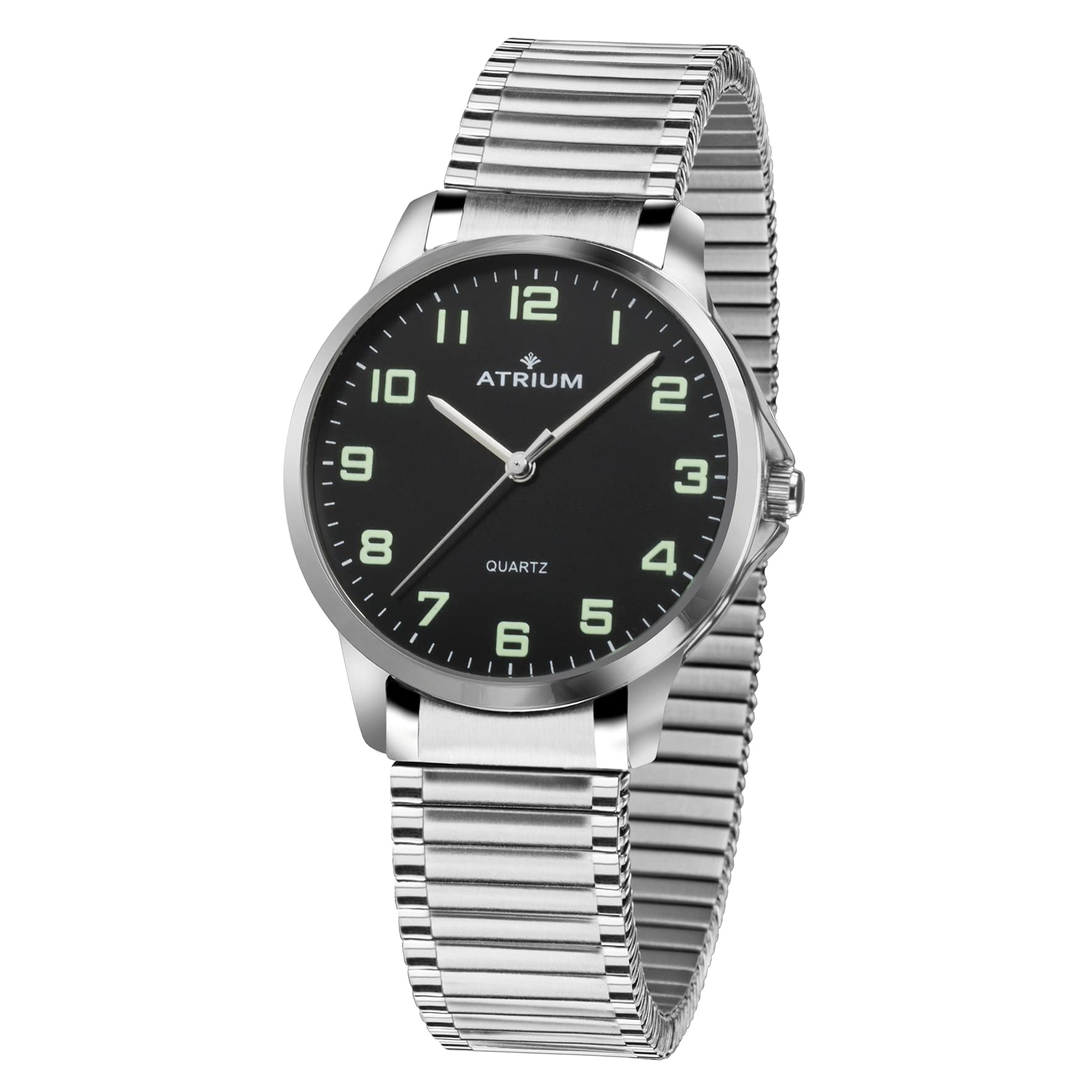 Atrium Ladies Mens Watch Very Clear Silver Quartz 3 Bar Steel Strap Drawstring Flex Band A36-51, black, 37 mm Gehäusedurchmesser, Bracelet