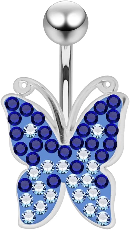 Multi Crystal Gemstone Colorful Stylish 2 Tone Butterfly Design 925 Sterling Silver with Stainless Steel Belly Ring - Belly Button jewelry - Navel jewelry