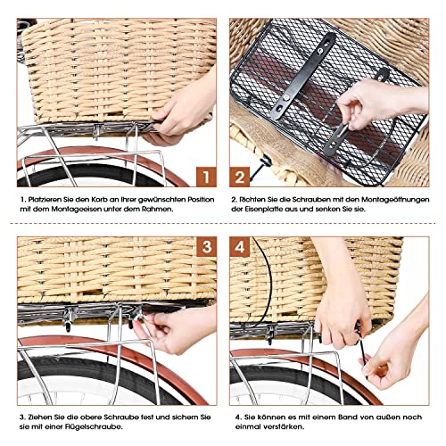 ANZOME Fahrradkorb Hinten mit wasserdichte Abdeckung & Fahrradkorb Gepäcknetz Groß Fahrrad Gepäckträger Korb Fuer Hinten Fahrrad Zubehör Polyrattan Schultaschenkorb
