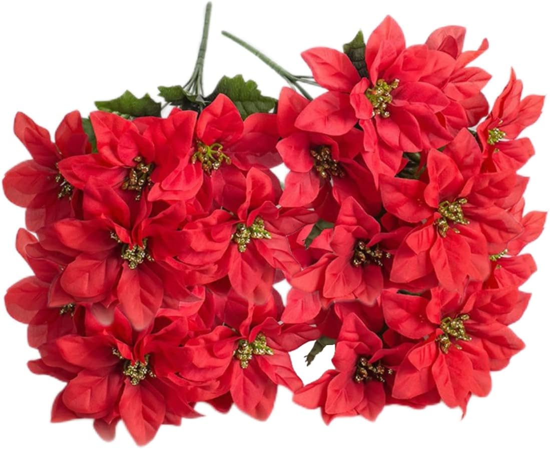XJKLBYQ Artificial Poinsettia Bushes 4 Pack 7 Heads Silk Christmas