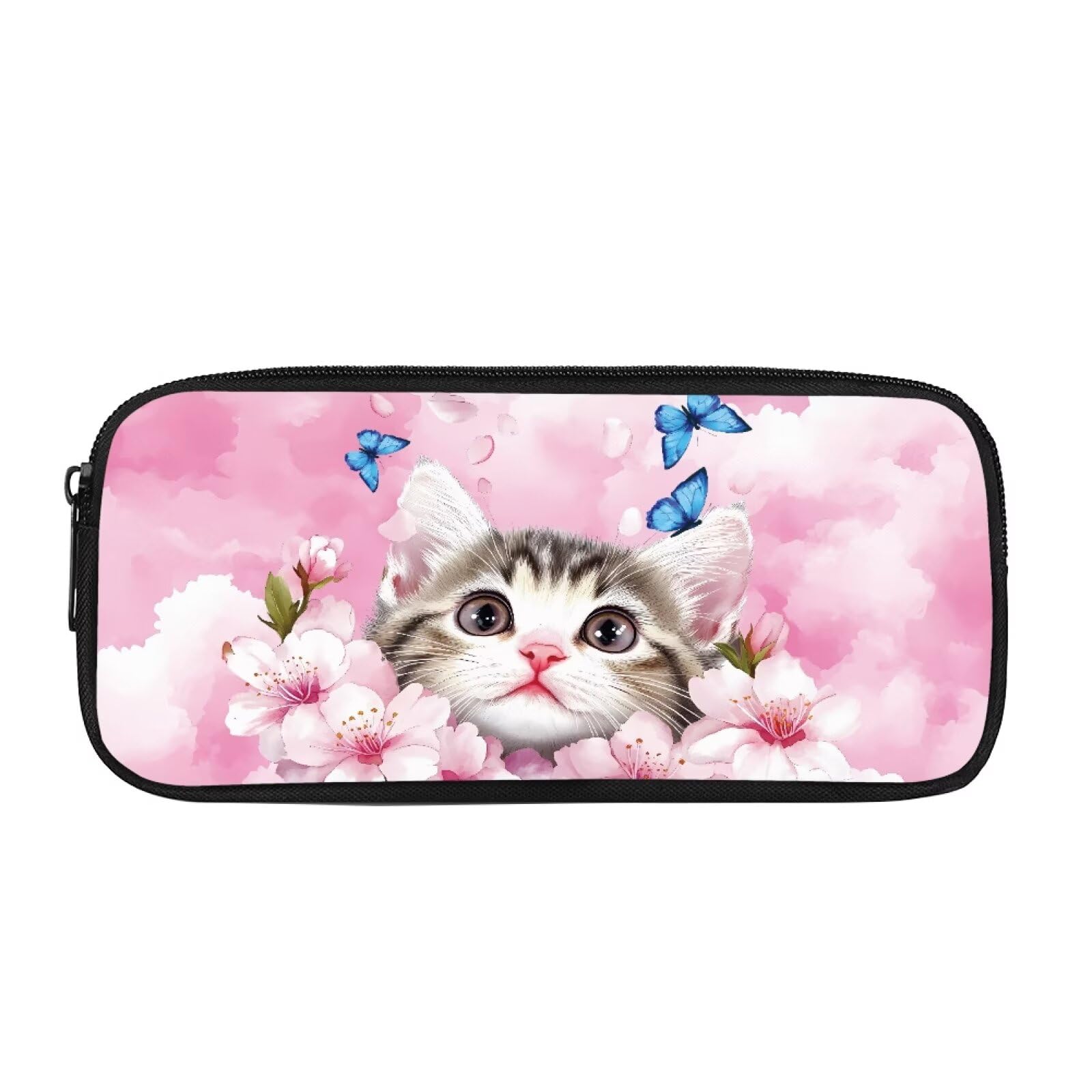 Biyejit Cat with Butterfly Pencil Case Kids Pen Bag Holder Childrens School Office Classroom Travel Supplies Toiletry Stationery Bag for Teen Boys Girls Back to School Gift — image 1