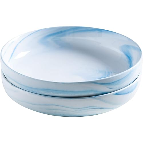 Yundu Porcelain 52 Ounce Pasta bowl Set,Large Salad bowls,Serving Bowls,Set of 2,Blue Marbled