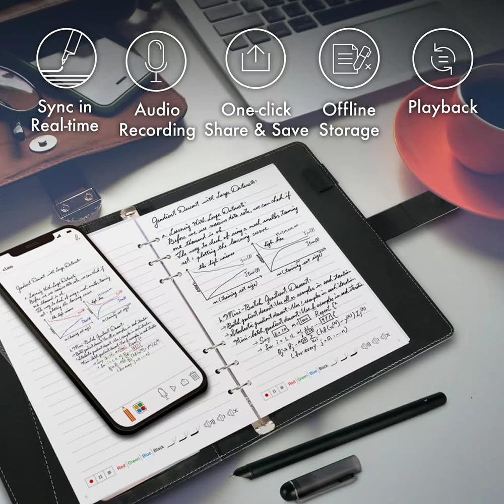 Bisofice Digitales Notizbuch A5 enthält Smartpen Smart Leder Notizbuch A5, wiederverwendbares Schreibtablett BT Wireless-Verbindung kompatibel mit Boardpen