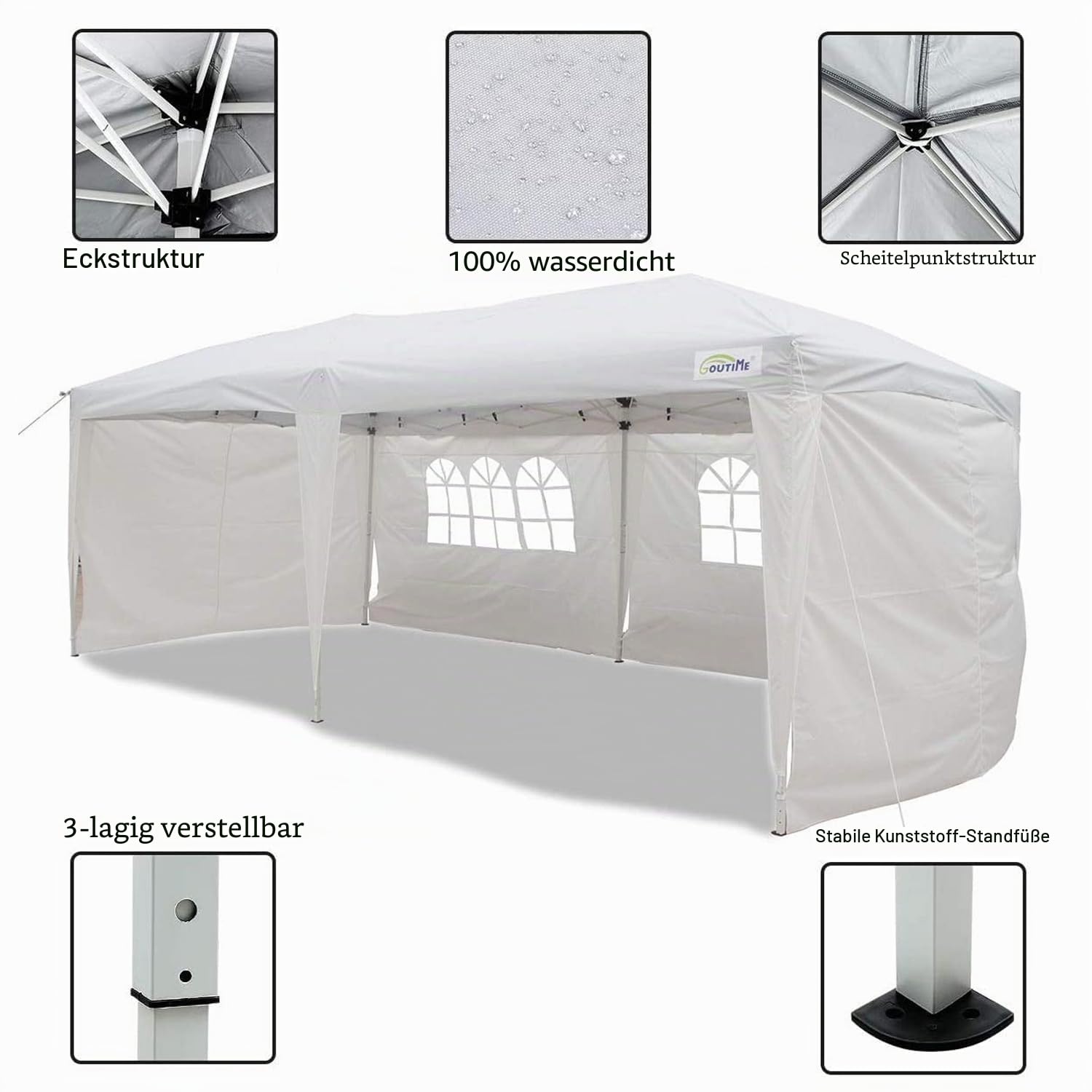 Goutime Faltpavillon Pavillon Partyzelt Wasserdicht 3x6m Mit 4 Seitenwänden Und Tasche Mit Rädern,Gartenpavillon für Hochzeiten,Freien,Garten,partyzelt（Weiß）