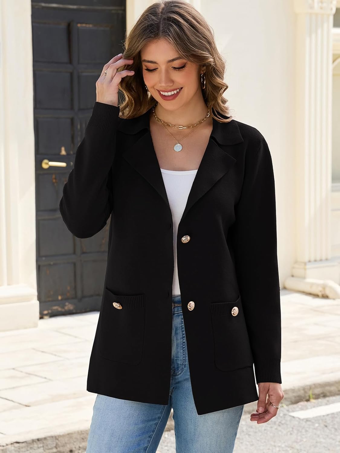 HOUZONIY Sweater Blazers for Women Business Casual Long Sleeve Open Front Lapel Suit Jackets Work Soft Blazer with Pockets - Image 4