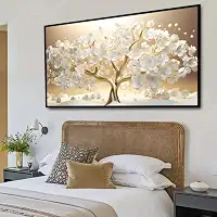 Quadro Decorativo Floral Árvore da Prosperidade Dourada, com Moldura Retangular de 2cm, ideal para Sala de Jantar e Estar, Quarto, Escritório e Hall de entrada. Tamanho 60X90 cm.