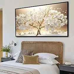 Quadro Decorativo Floral Árvore da Prosperidade Dourada, com Moldura Retangular de 2cm, ideal para Sala de Jantar e Estar, Quarto, Escritório e Hall de entrada. Tamanho 60X90 cm.