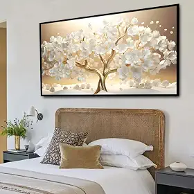 Quadro Decorativo Floral Árvore da Prosperidade Dourada, com Moldura Retangular de 2cm, ideal para Sala de Jantar e Estar, Quarto, Escritório e Hall de entrada. Tamanho 60X90 cm.