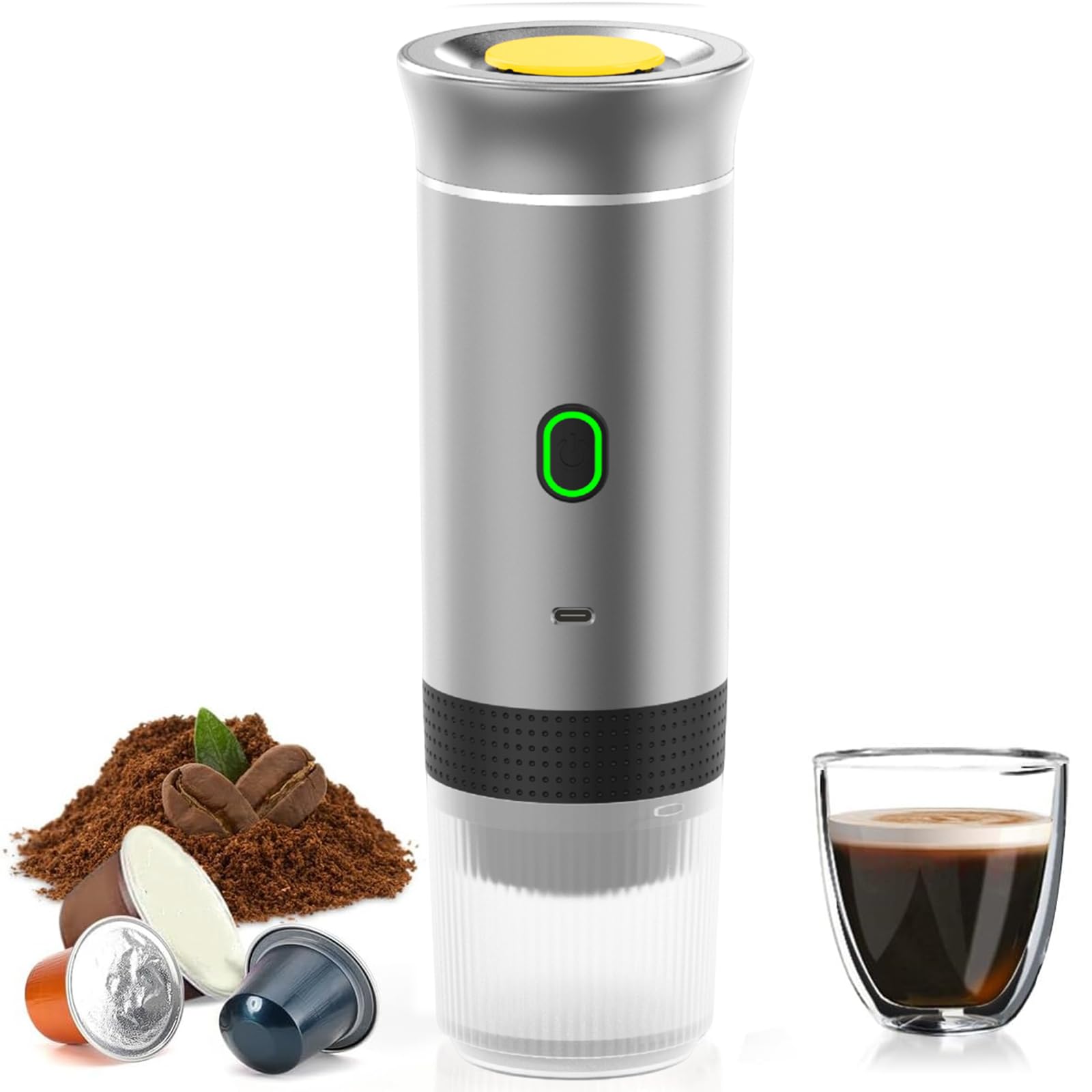 Elektrische draagbare espressomachine, reizen camping koffiezetapparaat, 12v auto koffiemachine met zelfverwarming, oplaadbaar, 3-5 minuten zelfverwarmend, gemalen koffie, voor kamperen, reizen