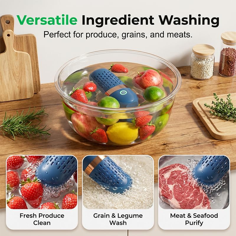 Lavaggio portatile di frutta e verdura, purificatore alimentare senza fili, detergente ricaricabile USB per frutta, verdura, carne, riso, cereali, stoviglie da cucina (1, blu marino), giallo navy