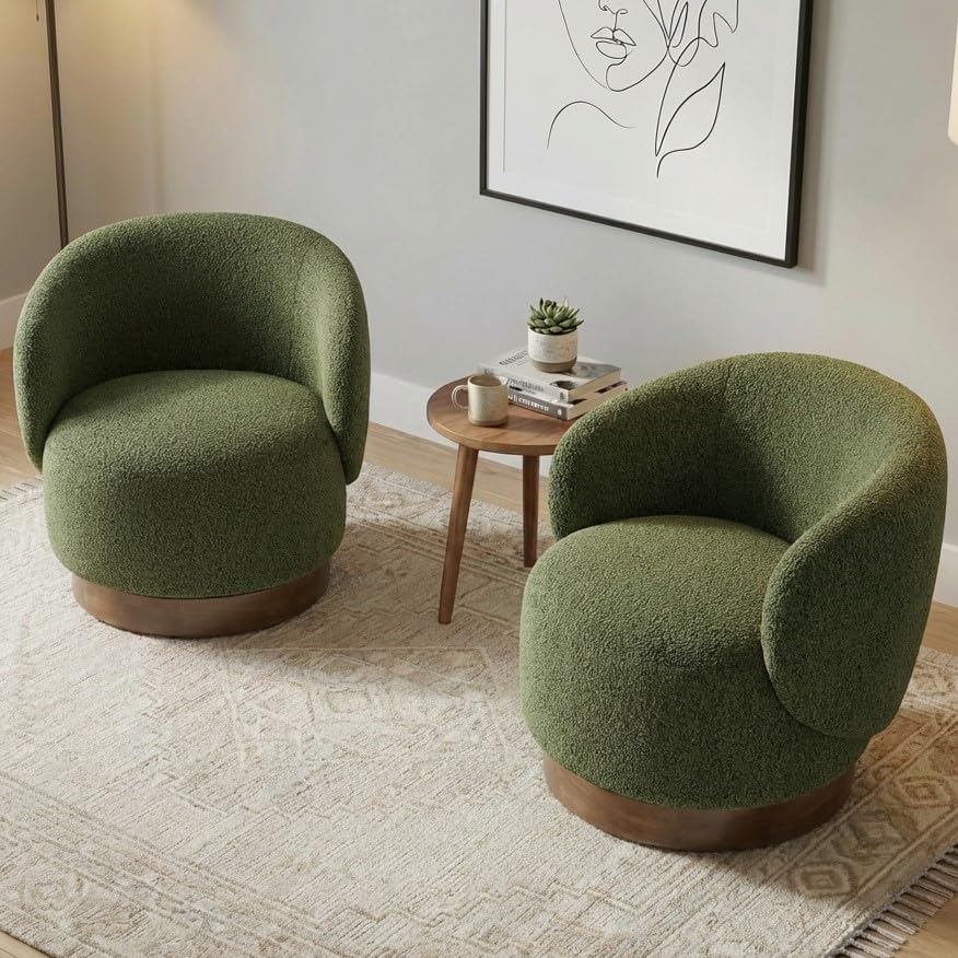 Image of KISLOT Swivel Accent Chair Round Barrel Armchair Upholstered Performance Fabric for Living Room Bedroom Waitingroom,2 Box,Moss Green-Boucle