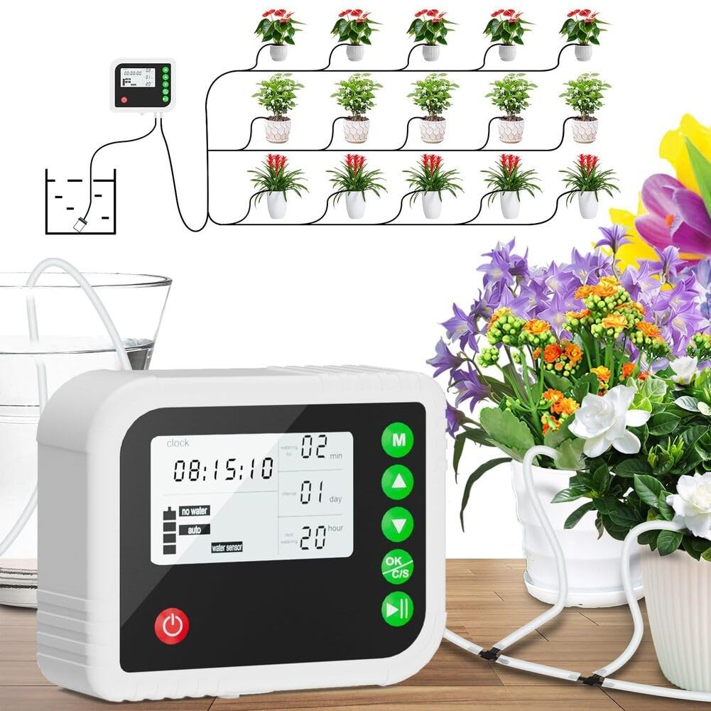 Arrosage automatique des plantes avec minuterie pour 15 pots, kit d'irrigation goutte à goutte avec durée réglable et double mode, ABS résistant aux intempéries IP65 pour intérieur et extérieur