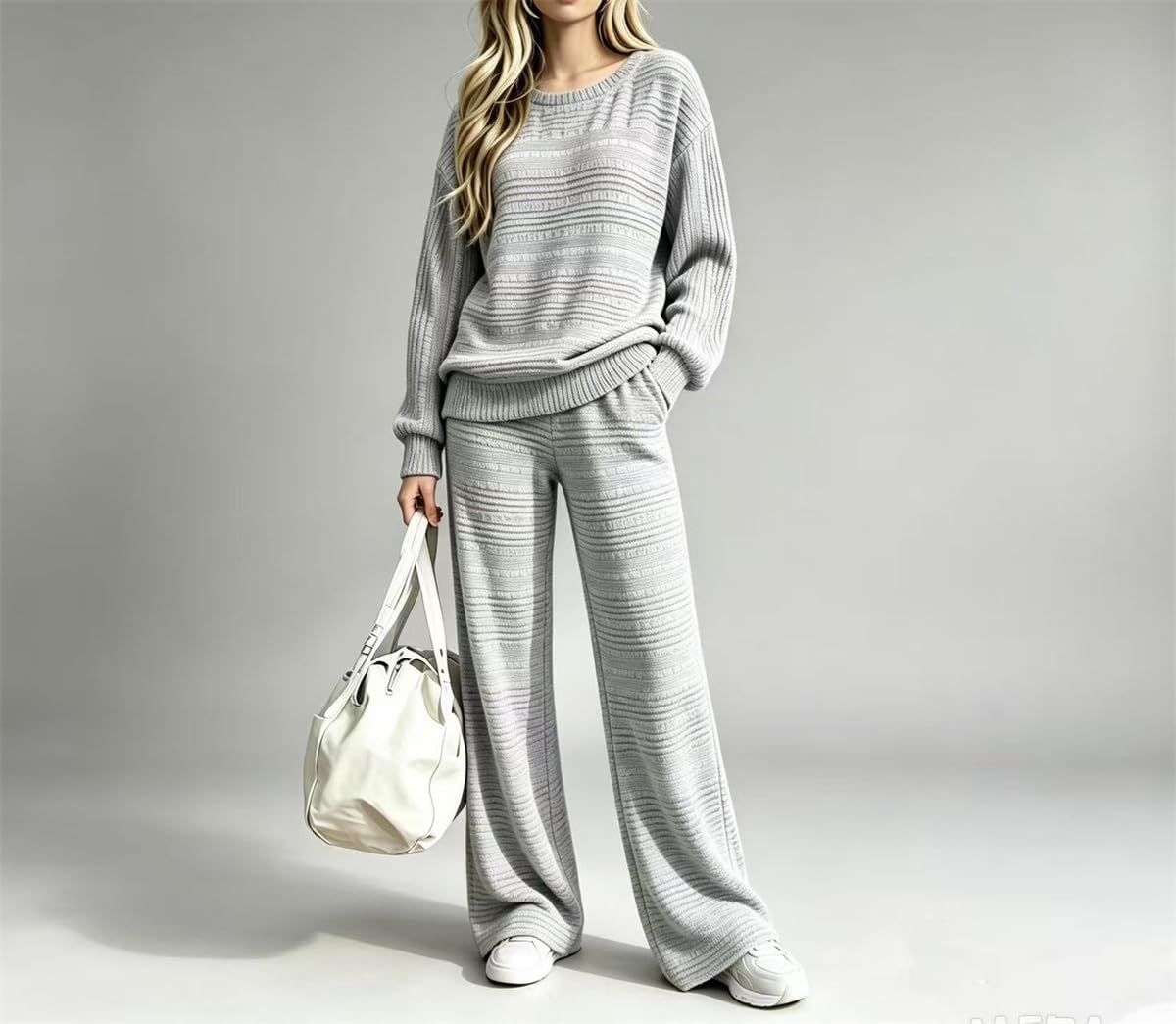 Conjunto de pantalones de pierna ancha de punto texturizado para mujer