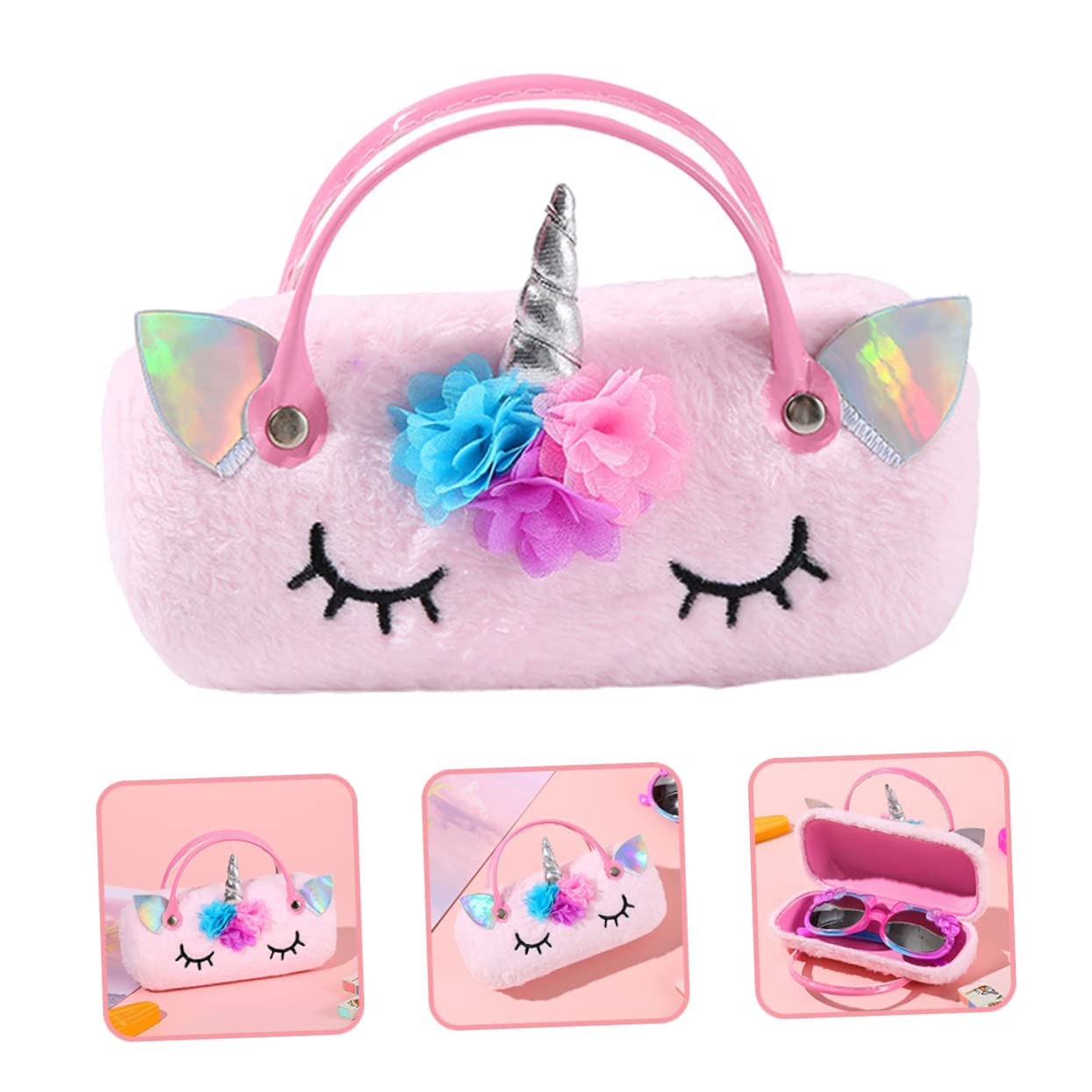 tragbare Brillentasche Einhorn Brillenetui Aufbewahrung von Sonnenbrillen tragbares brillenetui kinder brillenetui brillen case Handbrillenetui Sonnenbrillenetui Plüsch Rosa