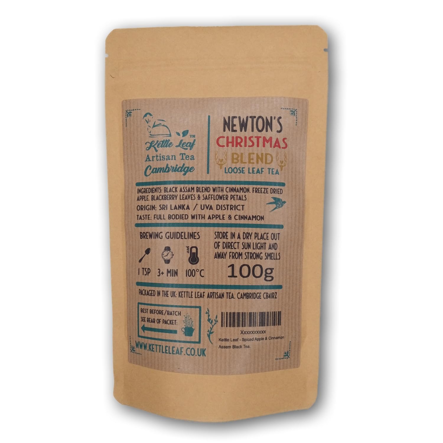 Kettle LeafChristmas Tea - Apple & Cinnamon Flavoured Black Tea - Premium Loose Leaf Christmas Tea - 100g Resealable Pouch