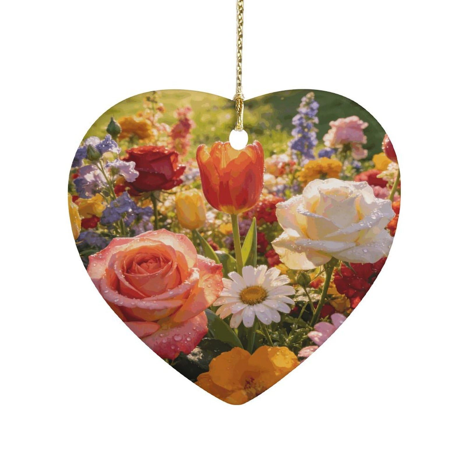 Khauerbc Style Colorful Flowersheart Shaped Ceramic Ornament With String,Ceramic Ornament,Two-Sided Printed For Christmas Tree And Holiday Decoration