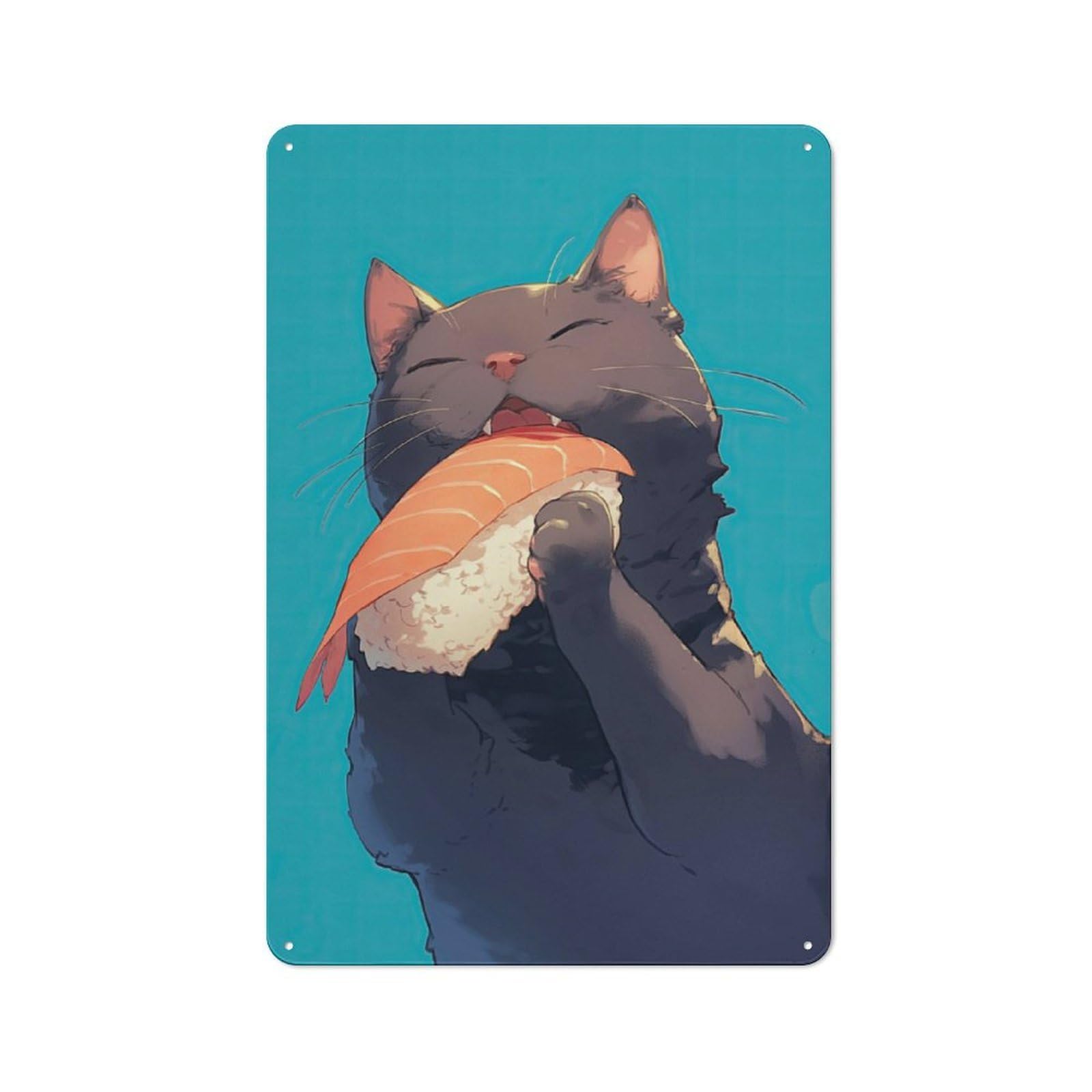 Junmoney Kawaii Cat Eating Sashimi Tin Wall Plaque 30X20cm With For Dining Room Or Kitchen, A Metal Wall Feature For Kitchens And Dining Spaces