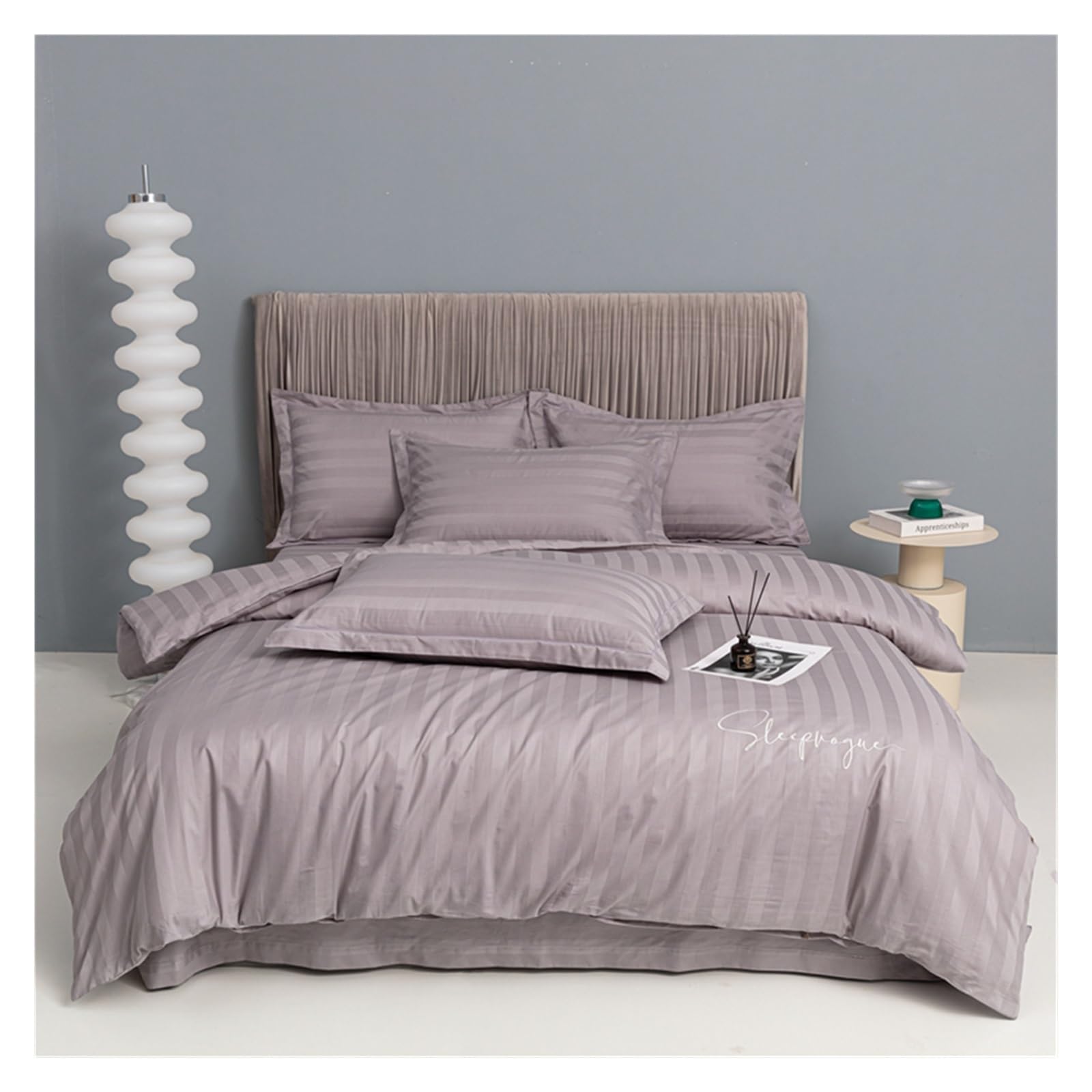 FYIYIEW double duvet set, Sliver Grey Stripes 100% Egyptian Cotton Jacquard Bedlinens Queen King Size Set