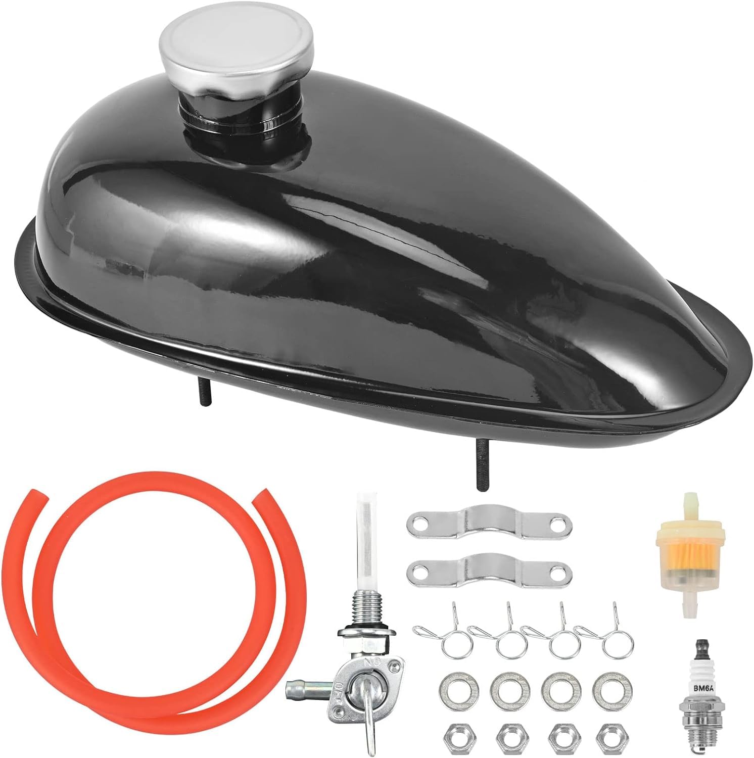 Réservoir de carburant en métal de qualité supérieure Trkimal avec robinet, bouchon pour vélo motorisé 49cc 50cc 60cc 66cc 80cc, noir Réservoirs d'huile pour moteur de vélo (2L/0,53 gallons)